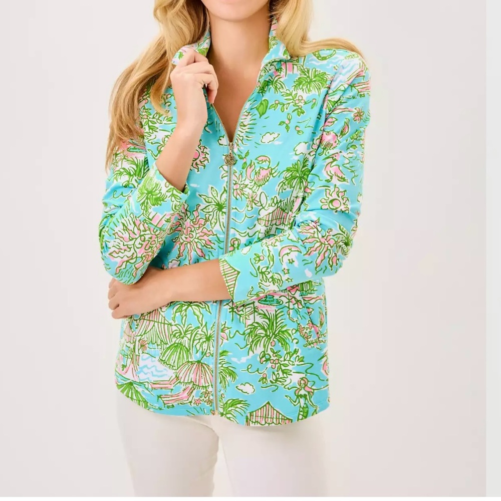 New Lilly Pulitzer UPF 50 Leona Zip-Up Jacket Fresh Water Blue Sunbathers Bliss